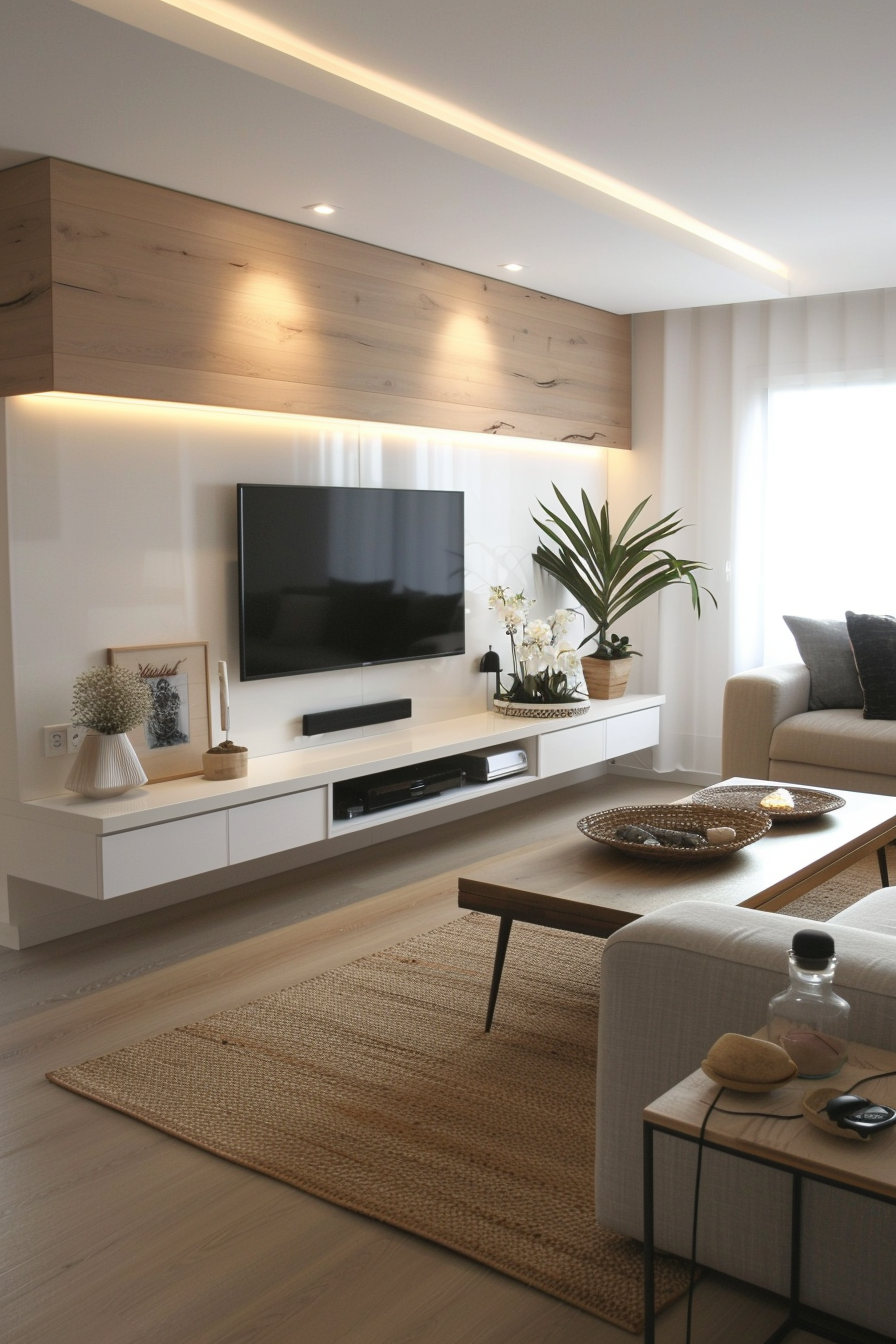 Modern living room interior with wall-mounted TV, floating console, cozy sofa, and decorative plants.