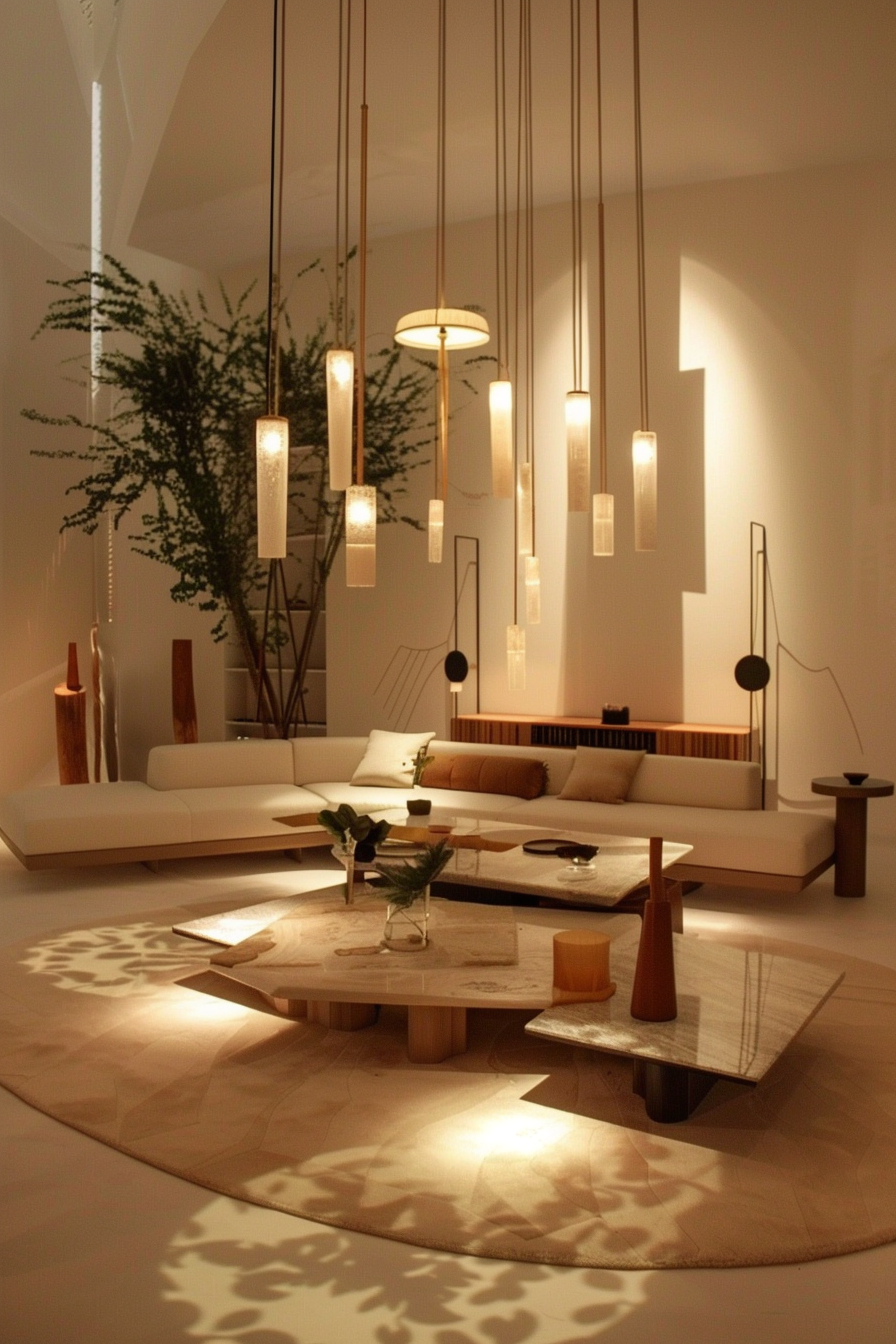 Modern living room with elegant pendant lights, white sofa, wooden tables, and decorative shadow patterns on the floor.