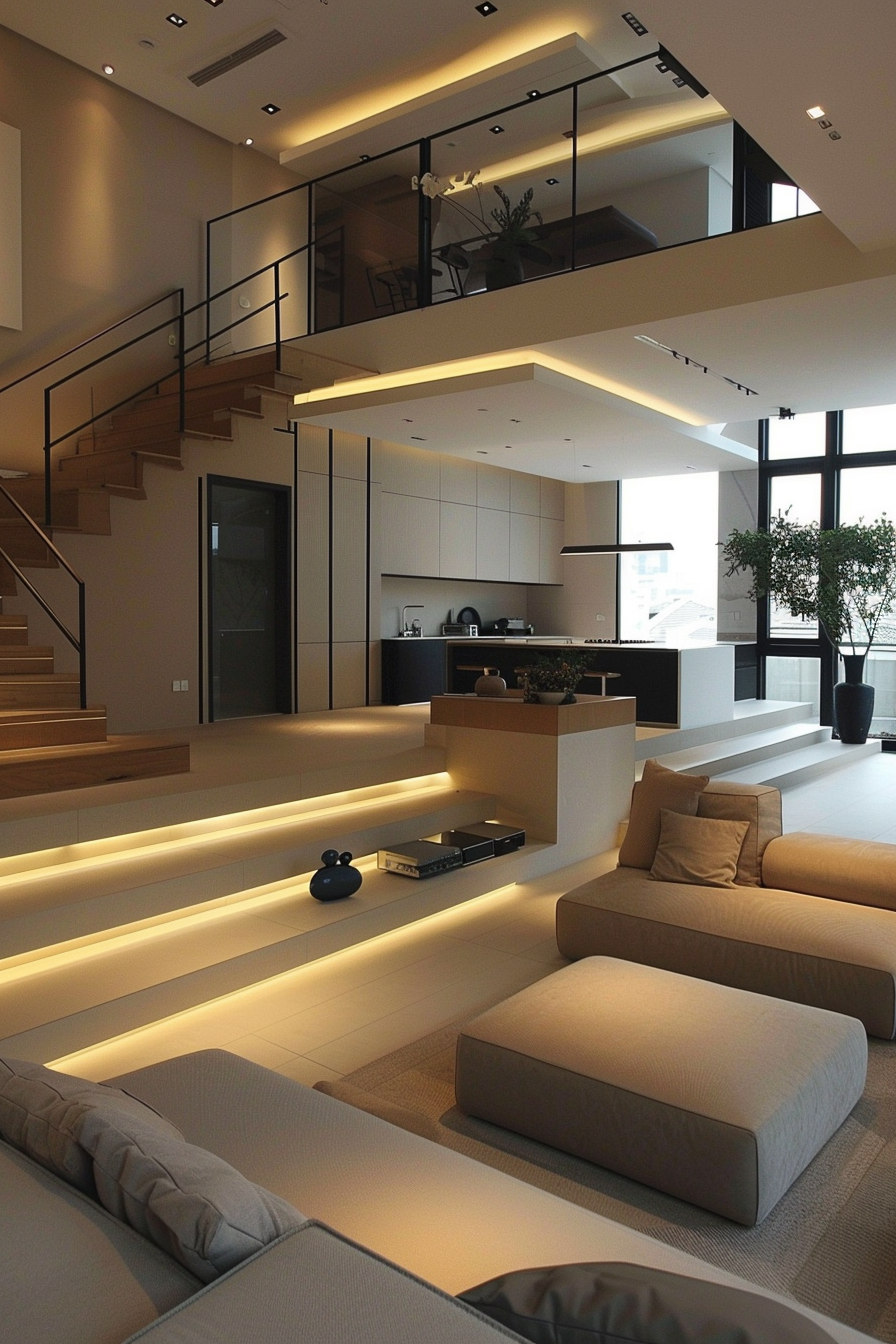 Modern interior with warm lighting, featuring a staircase, elevated seating area, kitchen, and a mezzanine level.
