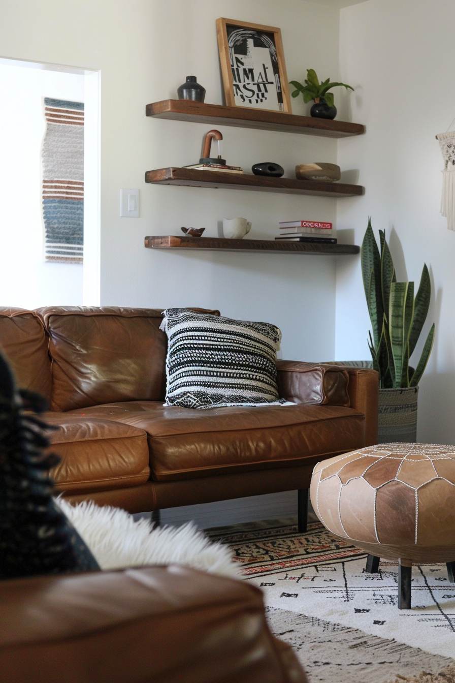 A cozy living room corner with a brown leather couch, patterned pillows, floating shelves, decor items, and a potted plant.