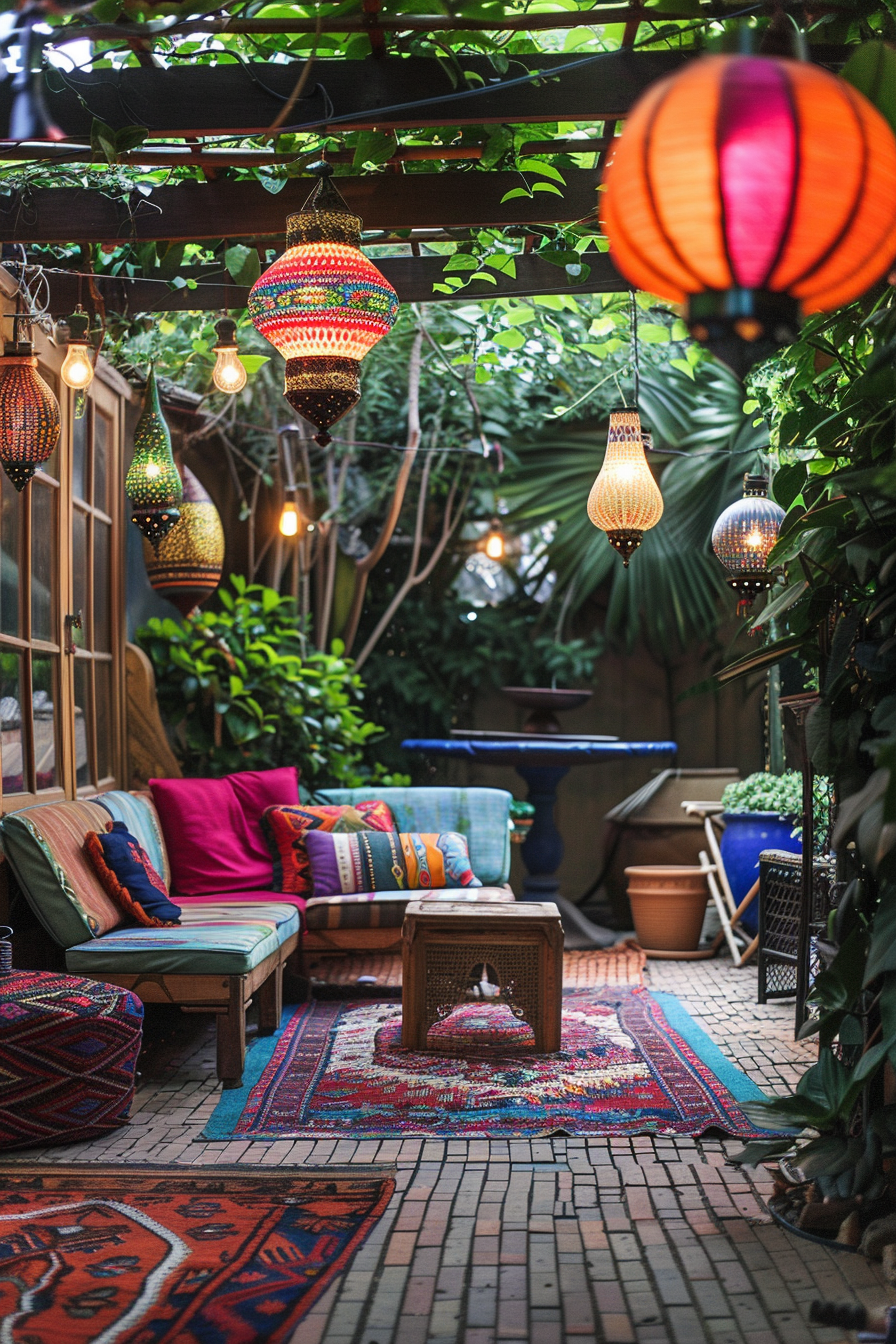Cozy bohemian-style patio with colorful cushions, patterned rugs, hanging lanterns, and lush plants under a pergola.