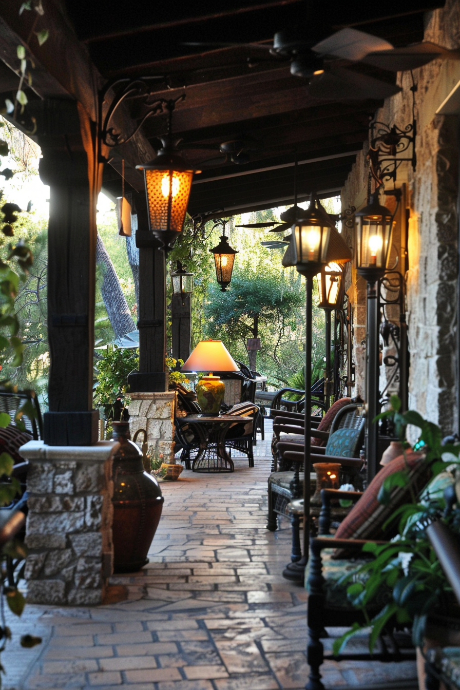Cozy outdoor seating area with hanging lanterns, stone pillars, and lush greenery in the background.