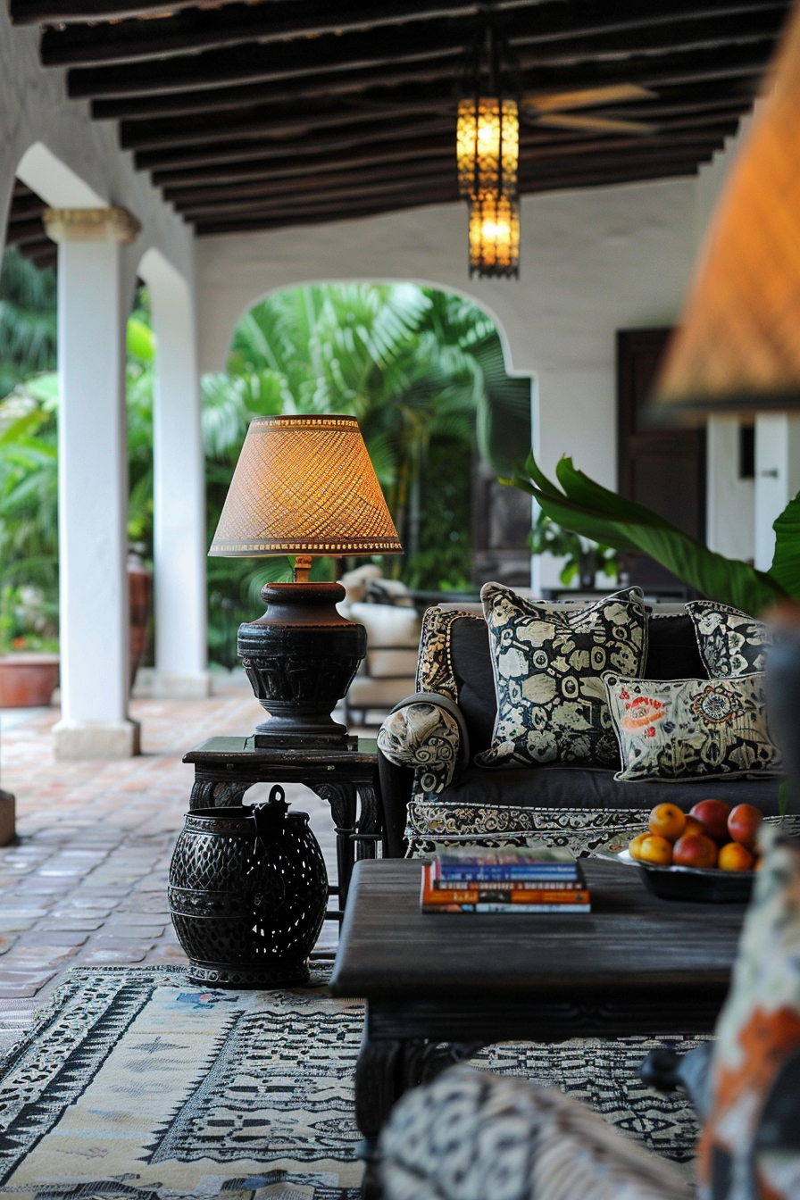 A cozy patio with patterned sofas, a table with books and fruit, ornate lamps, and lush greenery in the background.