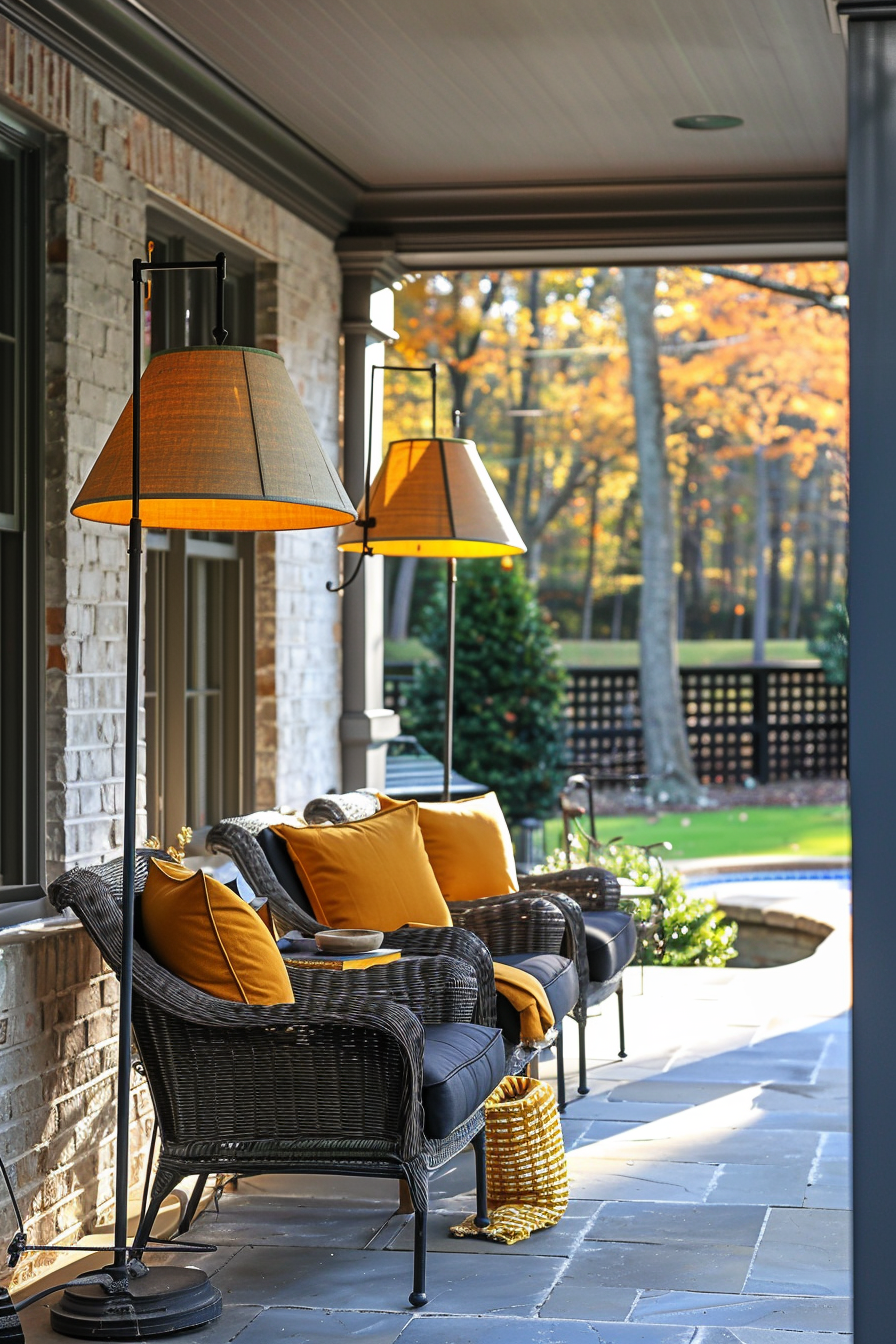 Cozy porch with wicker chairs and yellow cushions under hanging lamps, overlooking trees with autumn foliage.