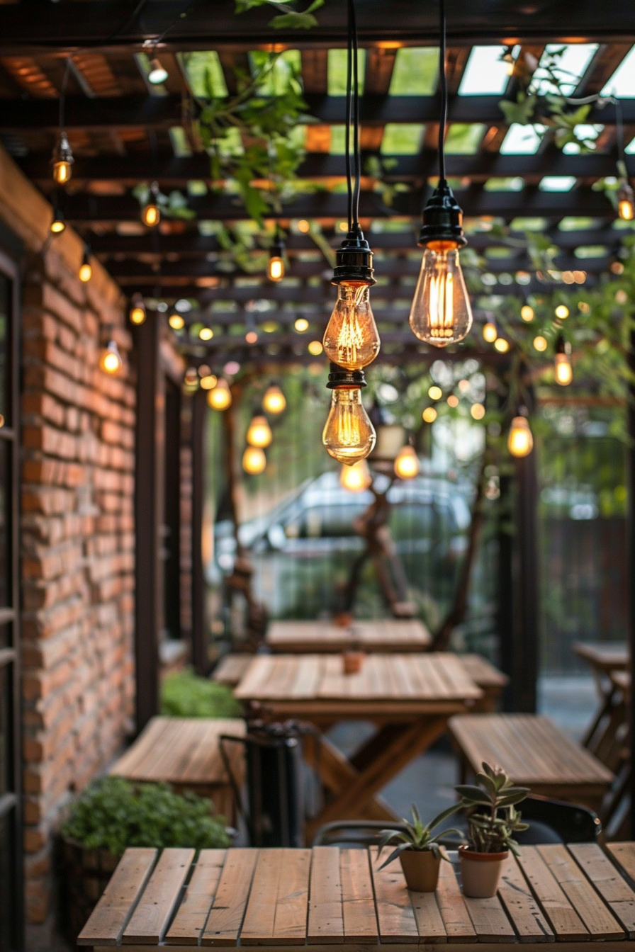 Alt text: "Cozy outdoor cafe patio with hanging Edison bulbs, wooden tables, potted plants, and a brick wall, creating a warm ambiance."