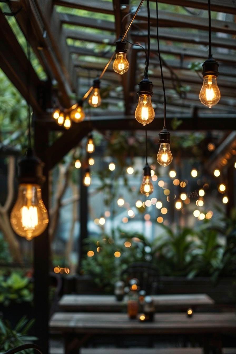 A cozy outdoor seating area with wooden benches under a pergola, adorned with warm, glowing string lights.