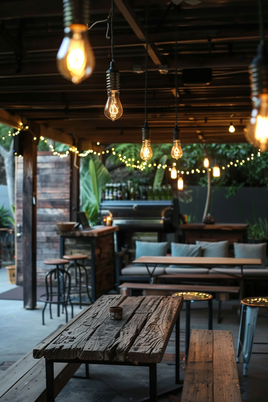 Cozy outdoor seating area with Edison bulb lights hanging overhead, wooden tables, benches, and a bar in the background.