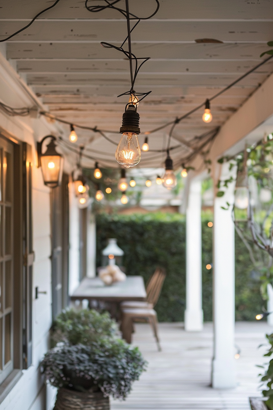 String lights hanging over a cozy home porch with a dining table and chairs in the background.