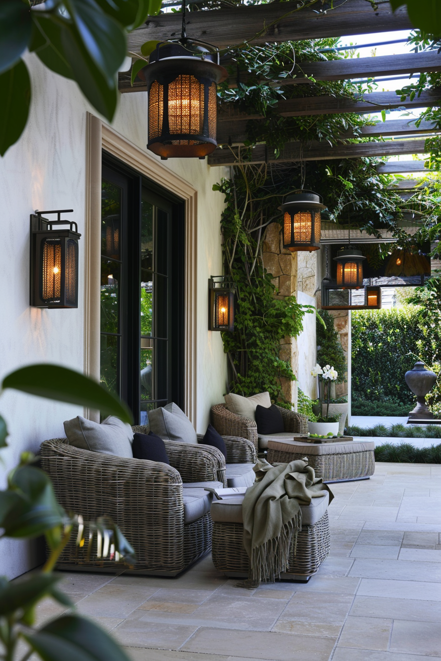 Elegant outdoor patio with wicker furniture, cozy cushions, hanging lanterns, and lush greenery.