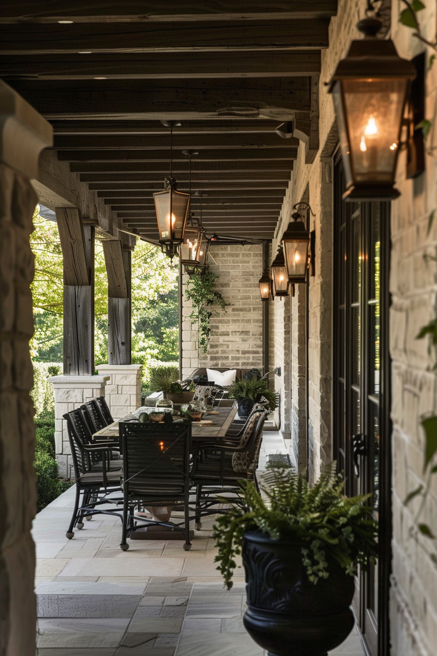 Cozy outdoor patio with lanterns, dining table, chairs, and lush greenery along a stone wall.