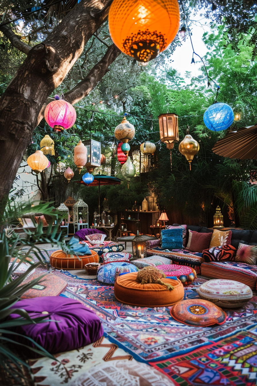 A cozy outdoor space adorned with colorful lanterns hanging from trees and an arrangement of vibrant cushions and rugs on the floor.