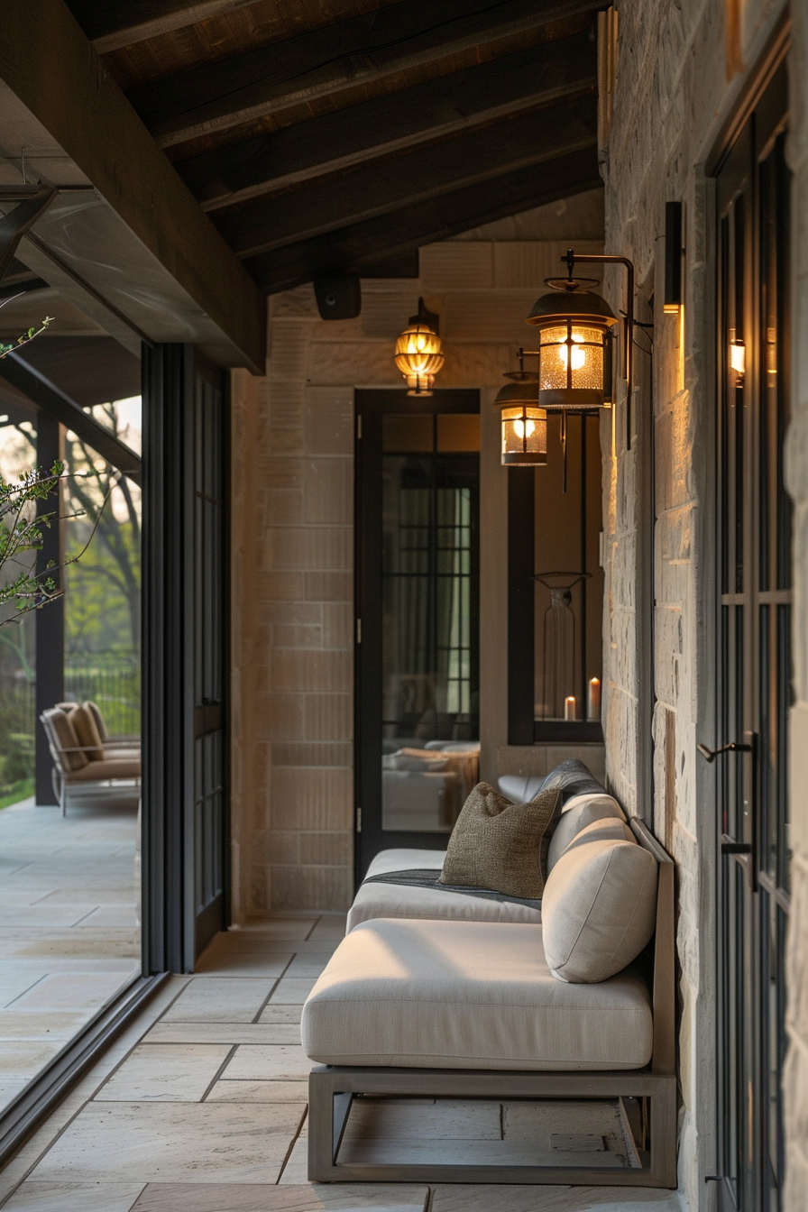 Elegant covered patio with lantern lights, a cushioned bench, and a view into the interior through large glass doors.
