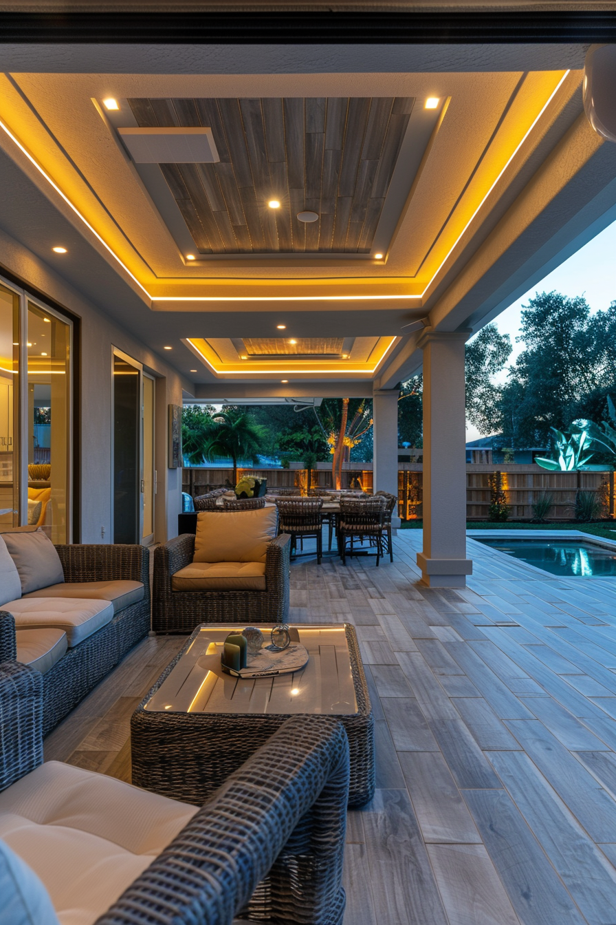 Elegant outdoor patio area with modern wicker furniture, wooden ceiling with LED lights, and a view of a pool and garden at dusk.