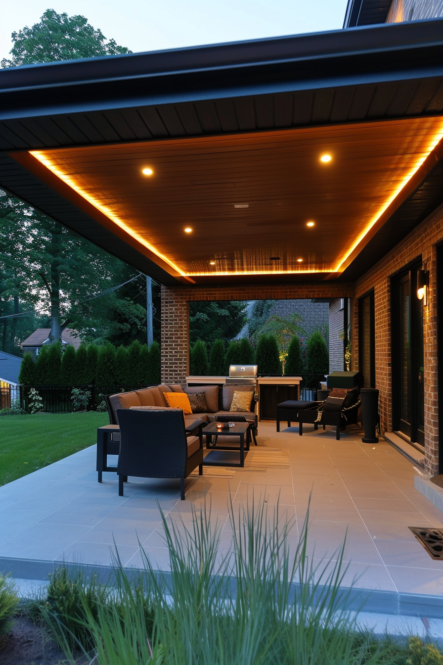 A cozy outdoor patio with modern furniture and warm overhead lighting under an evening sky.