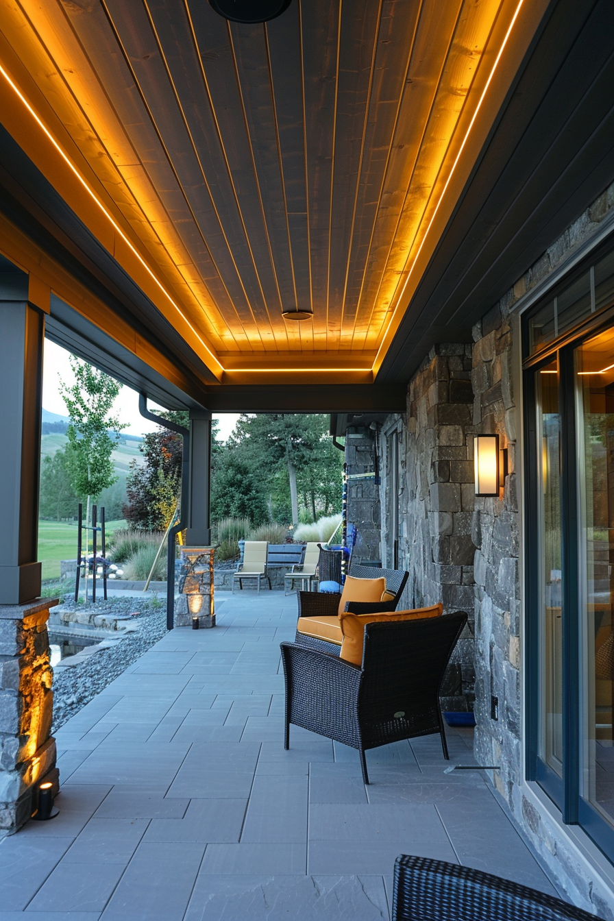 Modern outdoor patio with warm LED strip lighting under a wooden ceiling, wicker furniture, and stone pillar accents.