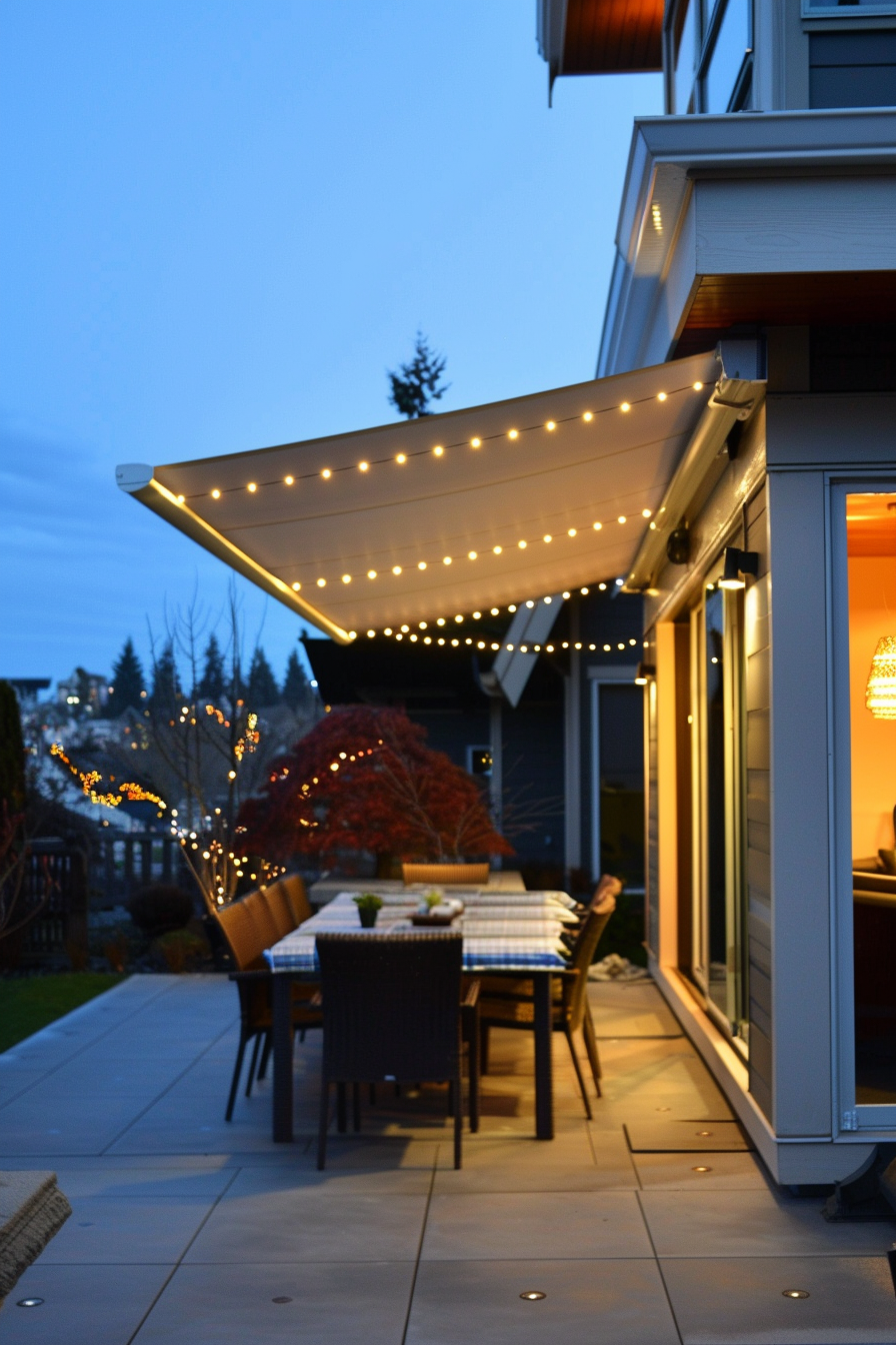 Cozy outdoor patio area with an awning adorned with string lights, a dining table set, and a warm interior glow at dusk.
