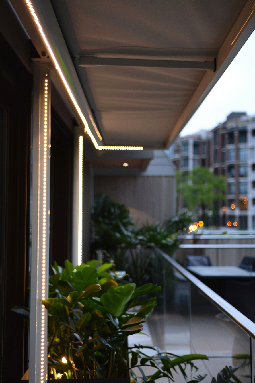 ALT: Evening view of a cozy balcony with warm LED lights along the railing, overlooking a blurred cityscape background.