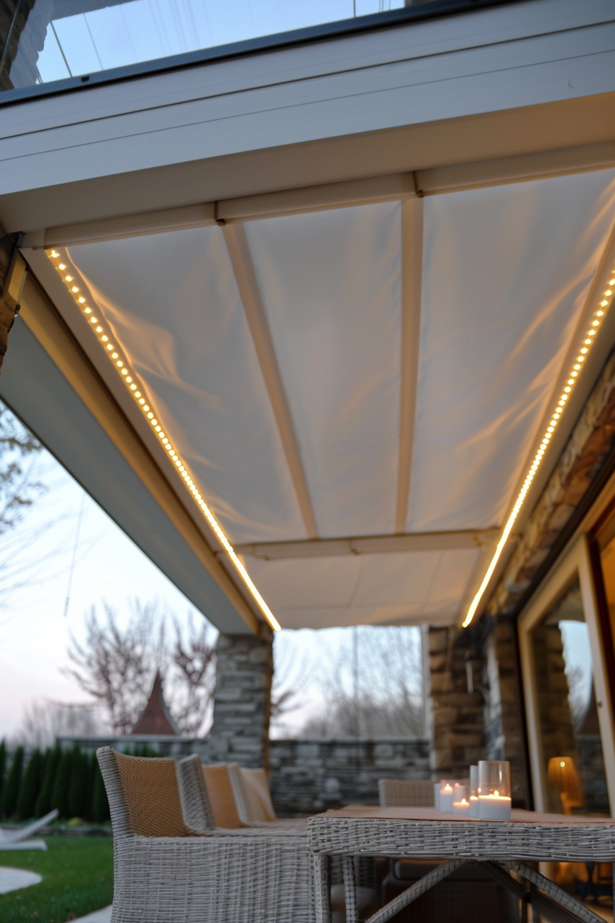 An outdoor patio with wicker furniture under an awning with warm LED lighting at dusk.
