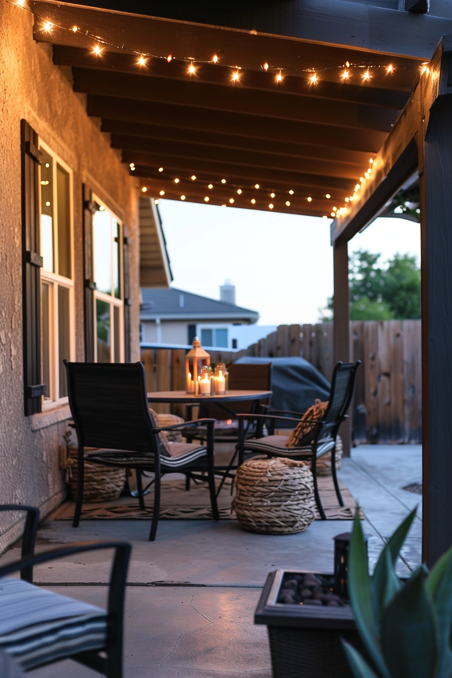 Cozy backyard patio at dusk with string lights, outdoor furniture, candles, and a fire pit.
