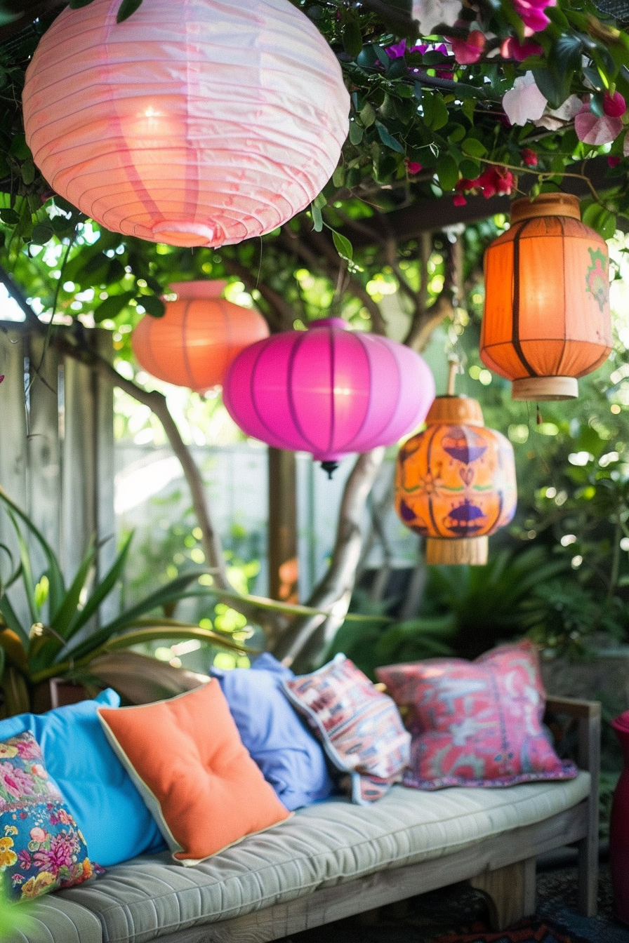 Colorful paper lanterns hanging above an outdoor couch with vibrant pillows, amidst green foliage.