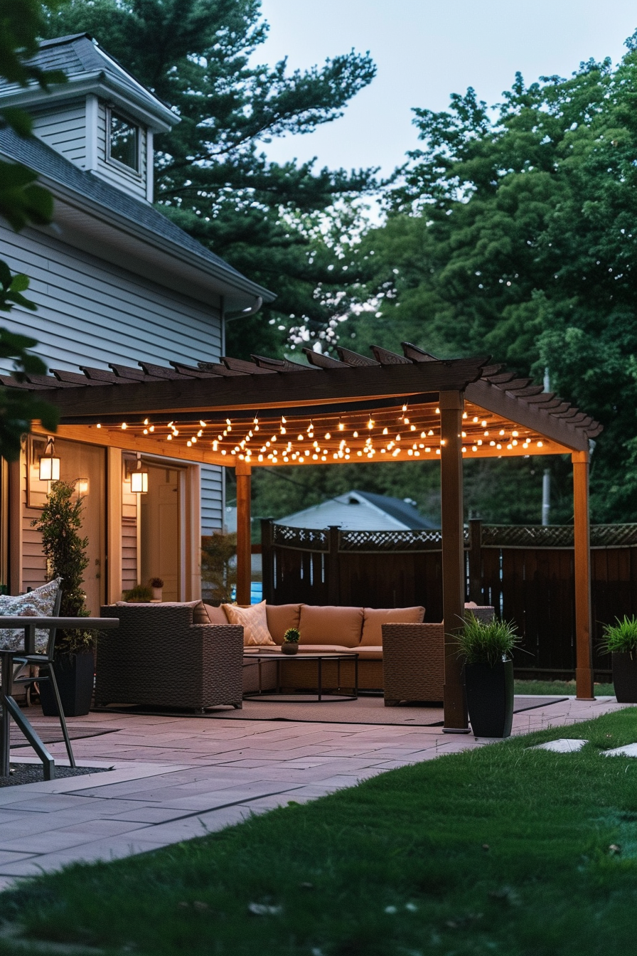 A cozy backyard patio with string lights at dusk, featuring outdoor furniture and lush greenery.