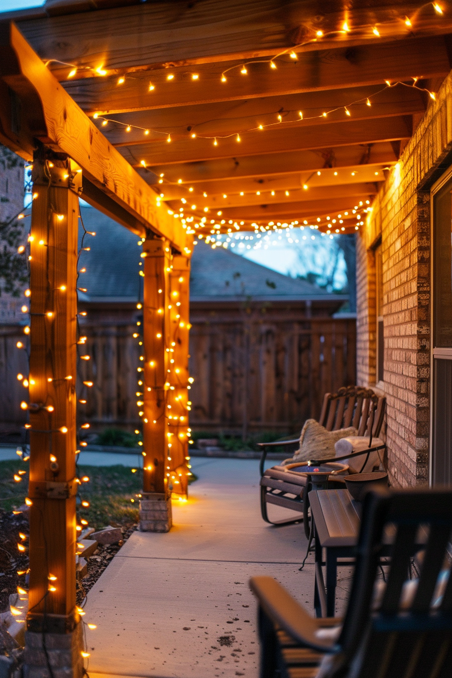 Twilight on a cozy patio with warm string lights along wooden beams and a rocking chair, evoking a tranquil ambiance.
