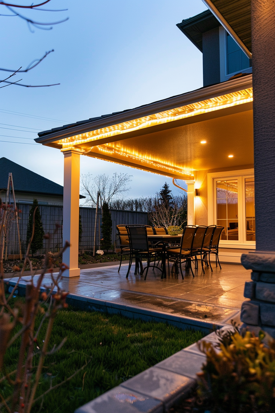 Evening view of a home's outdoor patio area with warm lighting under the roof and a dining set ready for guests.