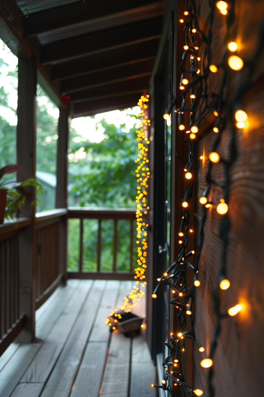 A cozy porch adorned with warm yellow string lights on a tranquil evening.