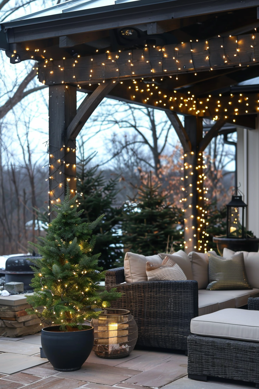 Cozy outdoor patio with string lights, a lit Christmas tree in a pot, and cushioned wicker furniture at dusk.