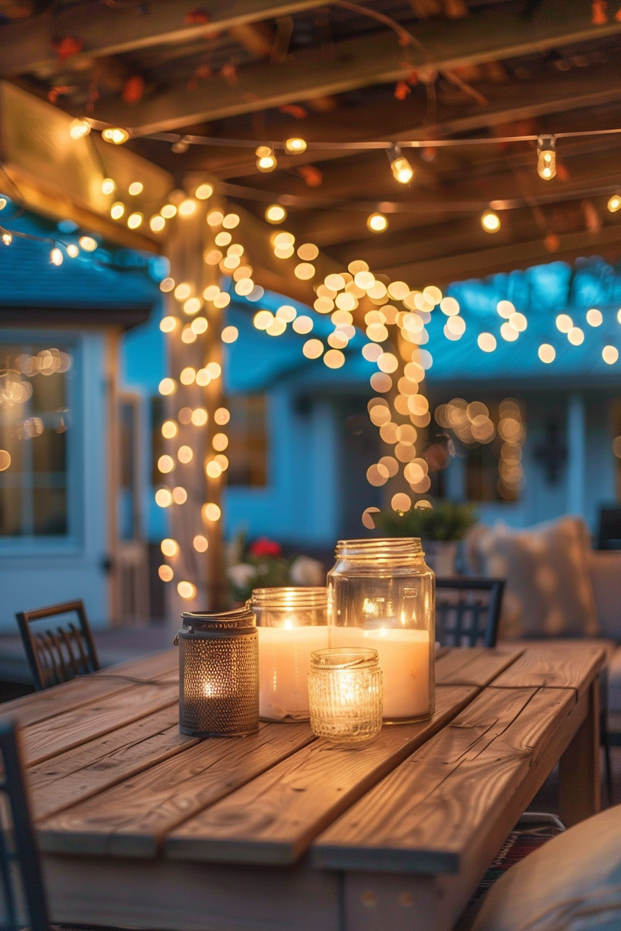 Outdoor evening setting with string lights overhead and candles on a wooden table creating a warm ambiance.