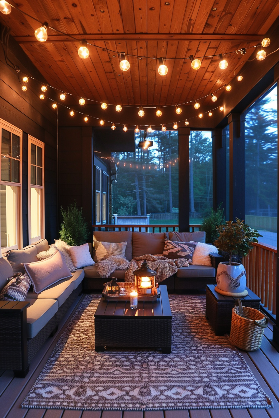 Cozy porch with string lights, comfortable seating, and a lantern on a central table at dusk, surrounded by forest.