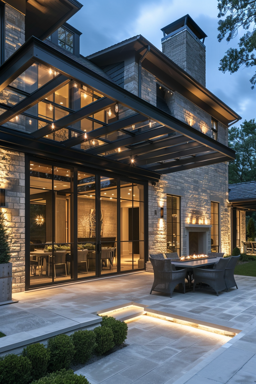 Modern two-story house exterior at twilight with illuminated interior, outdoor seating, and a lit fireplace.