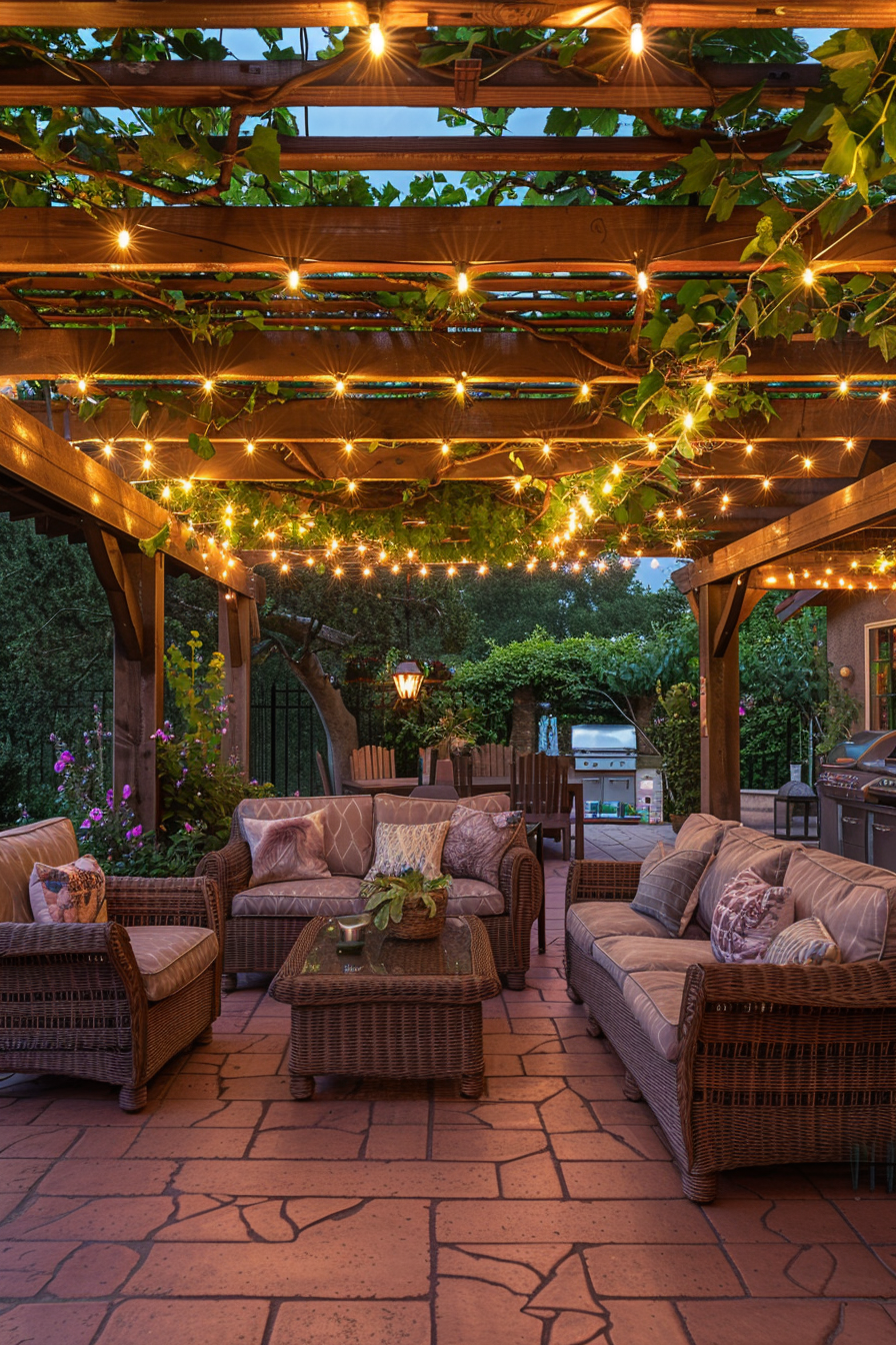 Cozy outdoor patio area with wicker furniture and twinkling lights strung above during evening hours.