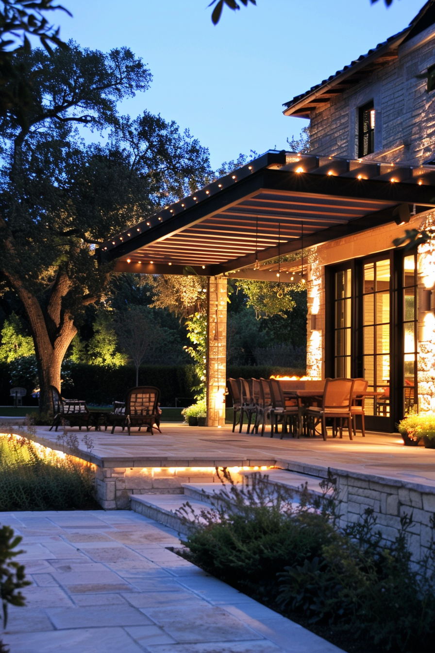 Elegant outdoor patio with string lights at dusk, featuring a dining area, cozy seating, and stone architecture surrounded by greenery.