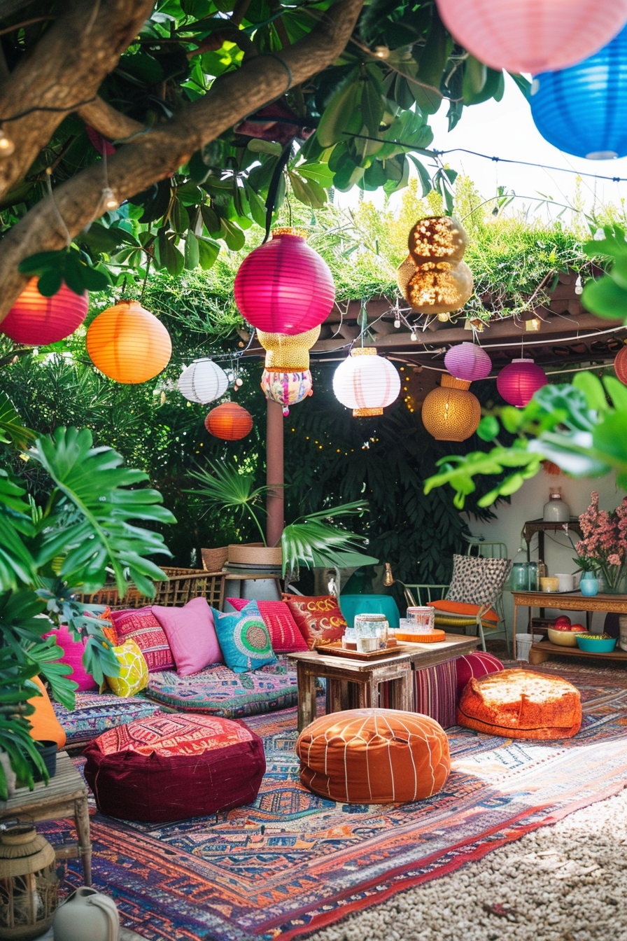 Colorful outdoor seating area with hanging lanterns, patterned cushions, and rugs under a tree canopy.