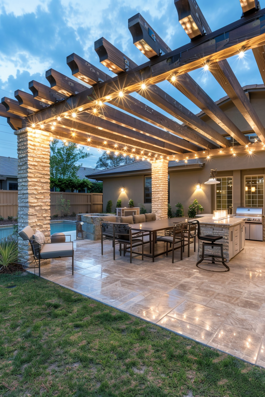 ALT: A well-lit outdoor patio area at dusk with a pergola, string lights, a kitchen station, dining furniture, and a glimpse of a pool.
