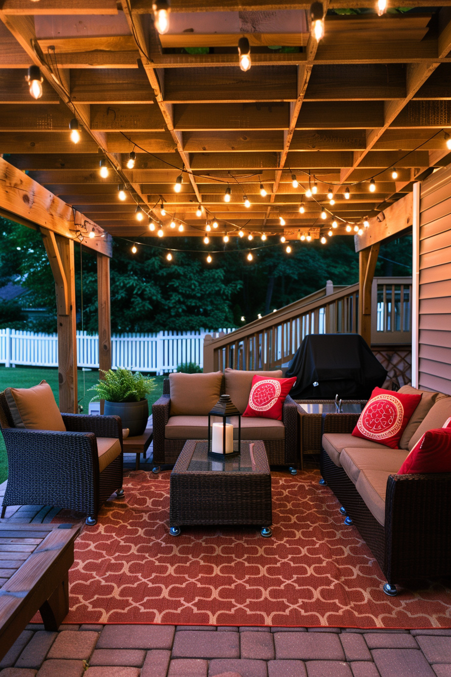 Cozy outdoor patio area with string lights, wicker furniture with red cushions, and a barbecue grill at dusk.