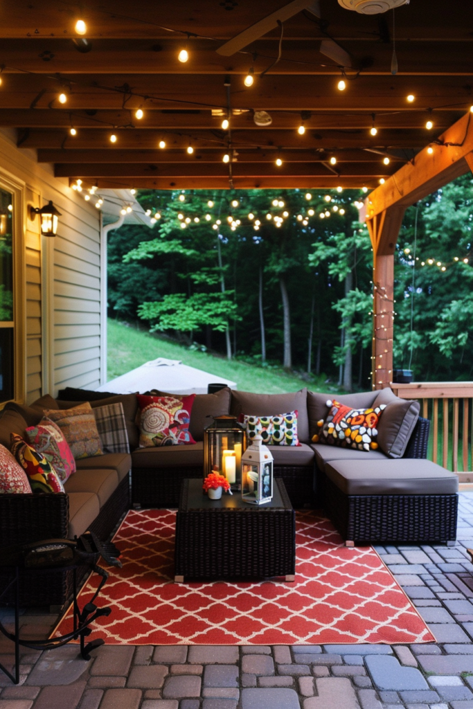 Cozy outdoor patio with string lights, wicker furniture with cushions, candles, and a forest in the background.