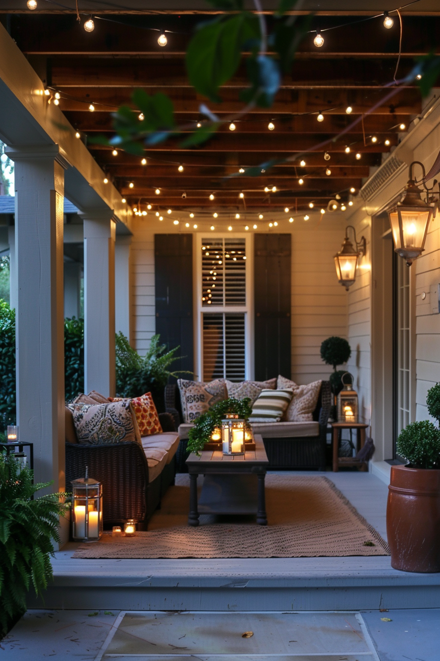 Cozy porch at twilight with string lights, cushioned seating, candles, and potted plants.