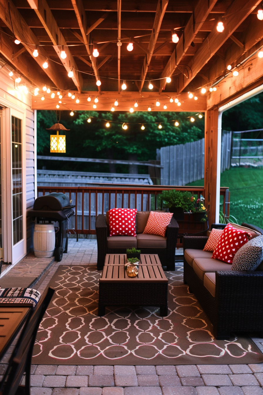Cozy outdoor patio area with string lights, wicker furniture with red pillows, and a barbecue grill at dusk.