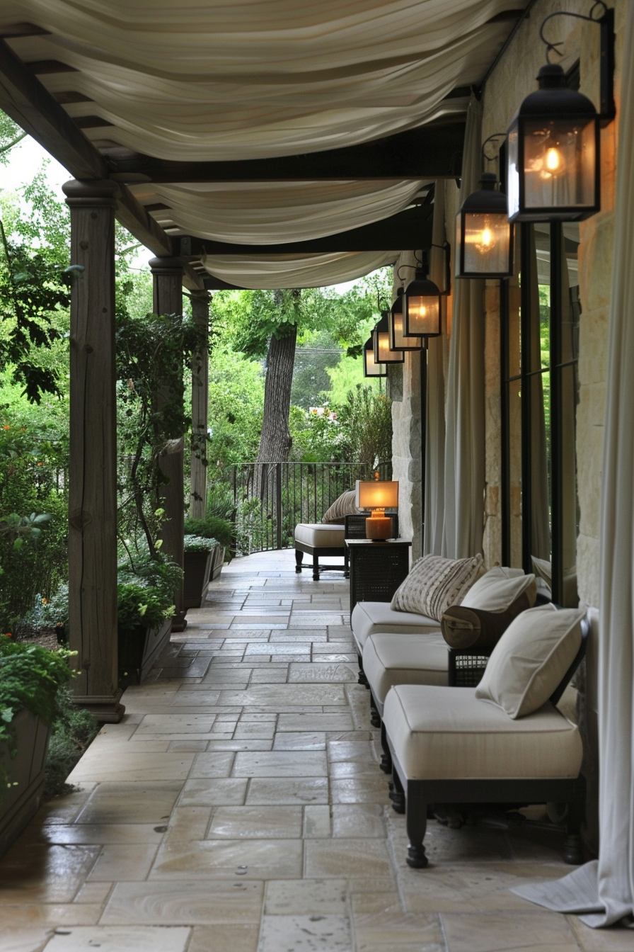 Covered stone walkway with draping linens, wall lanterns, seating, and garden views.