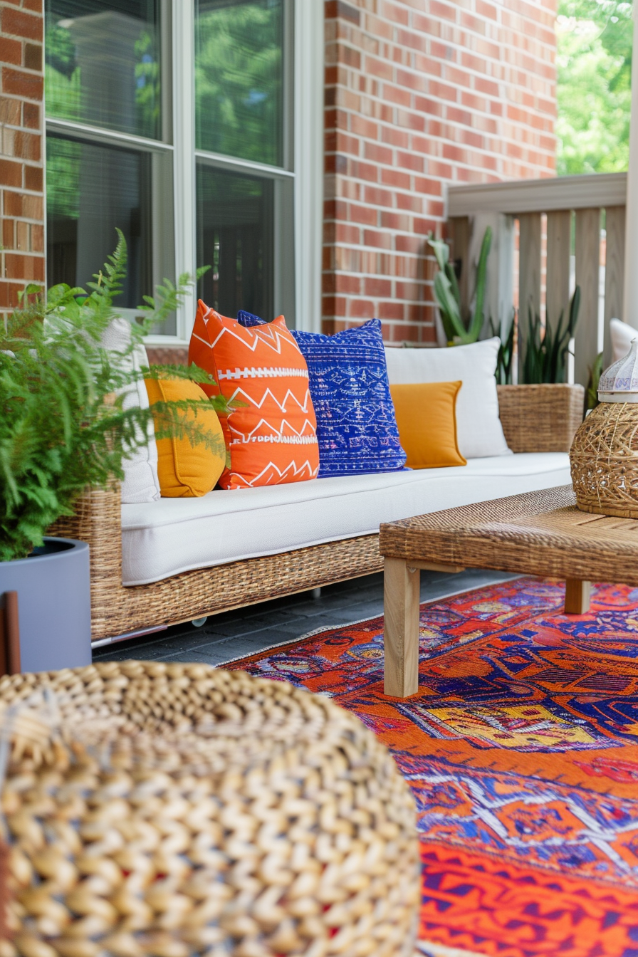 Cozy outdoor seating area with colorful pillows on a white couch, vibrant rug, wicker accents, and green plants, against a brick house backdrop.