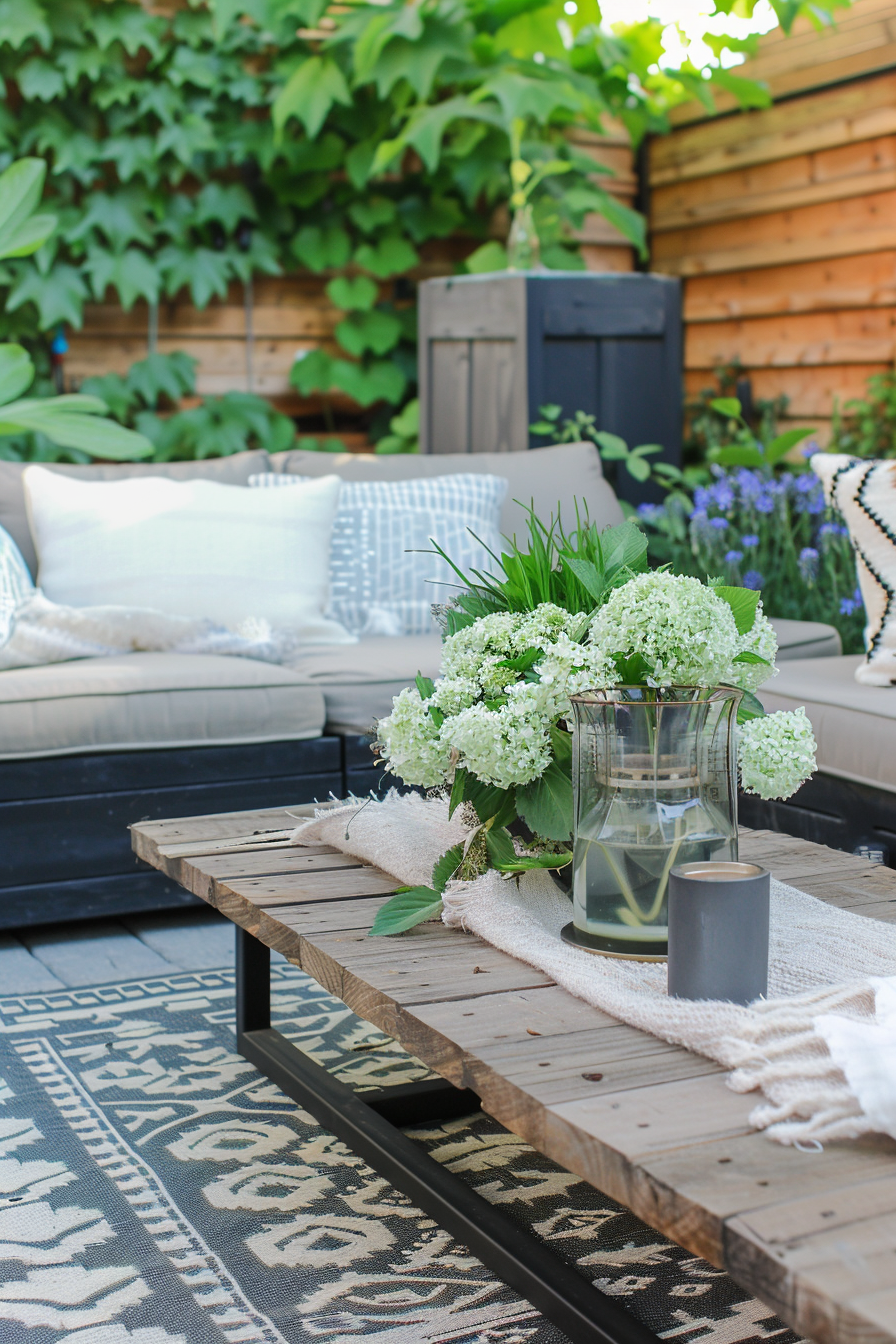 Cozy outdoor patio with sofa, patterned rug, wooden table with hydrangeas in a glass vase, and greenery backdrop.