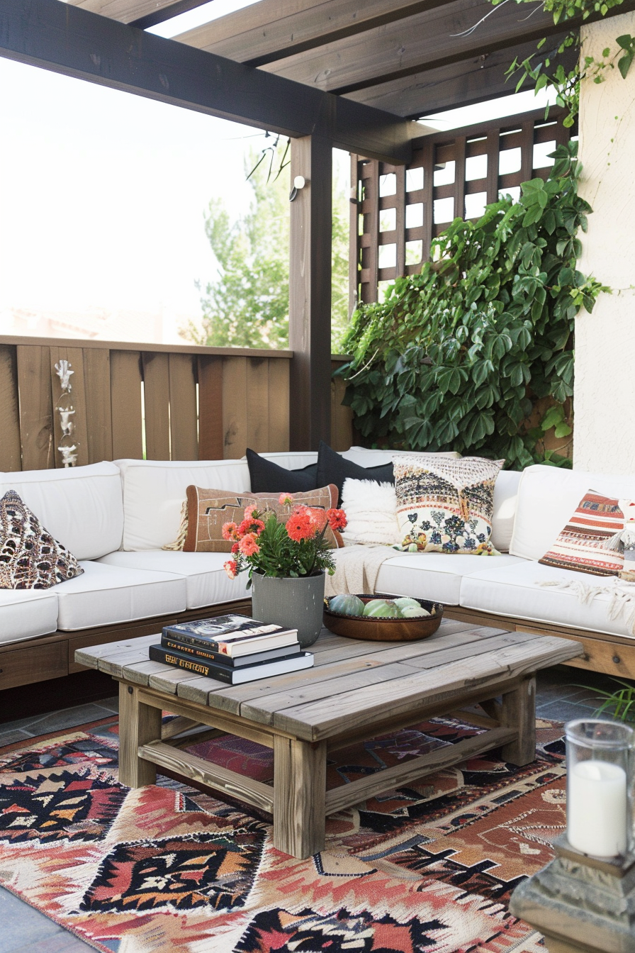Cozy outdoor patio with a white corner sofa, patterned pillows, a rustic coffee table, vibrant rug, and potted plants.