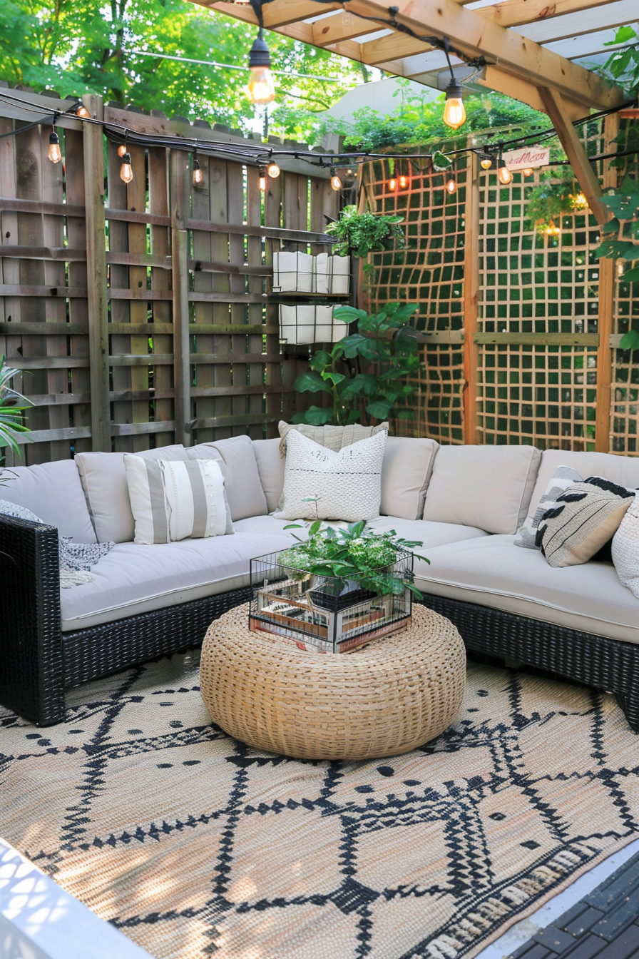 Cozy outdoor patio with sectional sofa, patterned rug, wicker ottoman, and string lights under a pergola.
