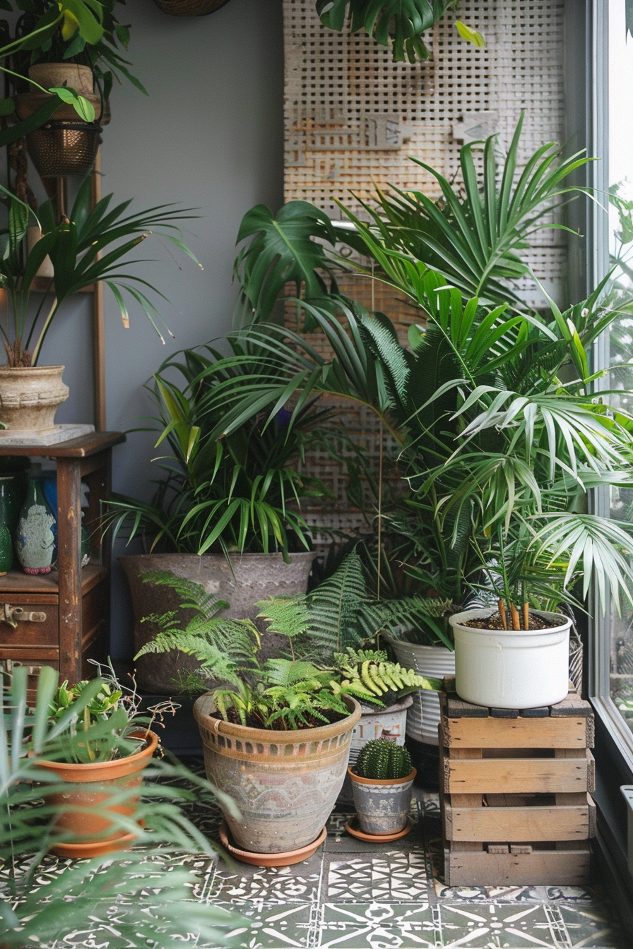 A cozy indoor garden space with assorted potted plants, wooden shelves, and patterned floor tiles by a window.