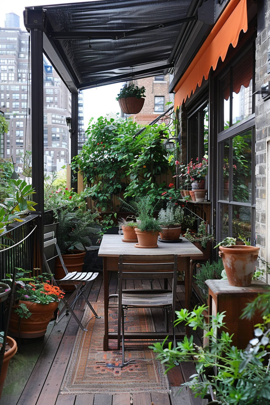 Cozy urban balcony garden with a variety of plants and a small table with chairs, surrounded by city buildings.