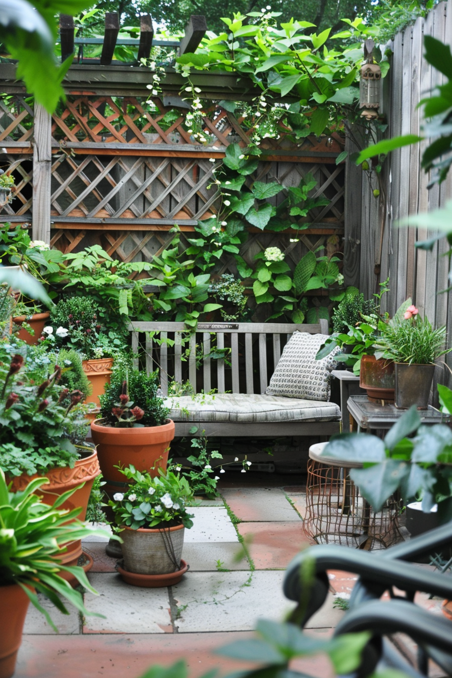 A cozy garden corner with lush greenery, terracotta pots, a wooden bench with a cushion, and a trellis fence.