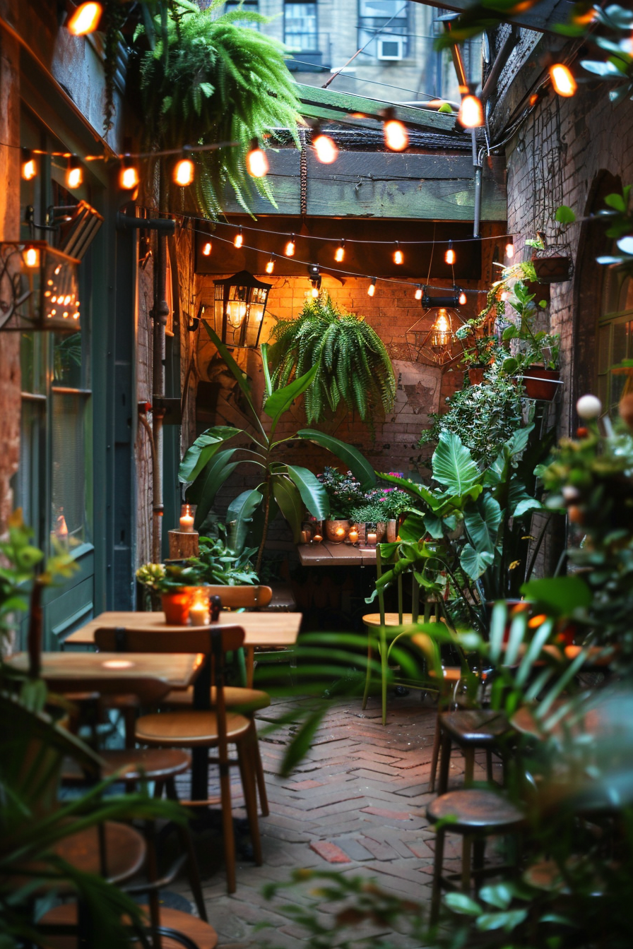 Cozy outdoor patio with string lights, brick walls, and lush greenery surrounding wooden tables and chairs.