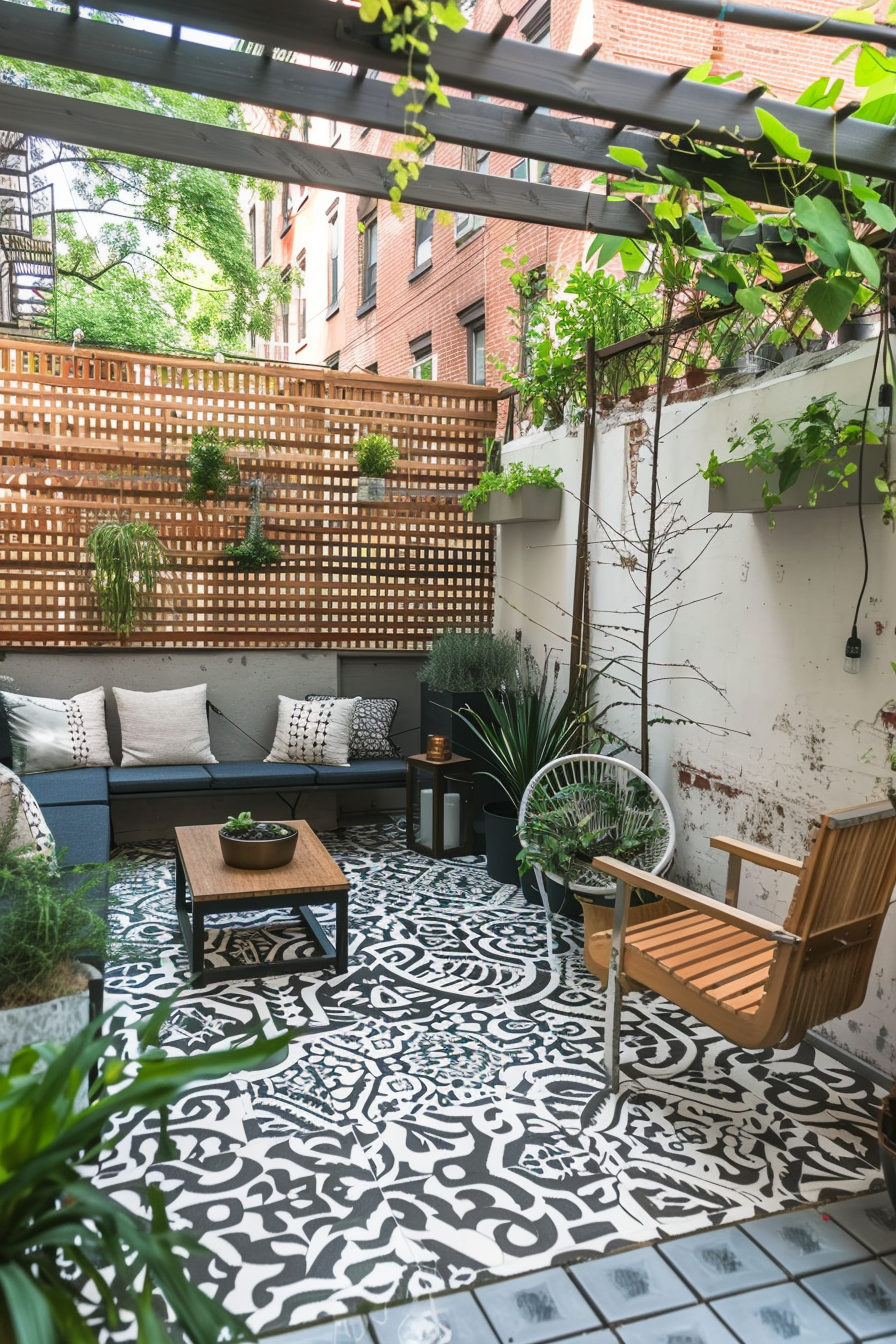 Alt text: Cozy urban patio with patterned floor tiles, wooden furniture, plants on a trellis, and a view of surrounding buildings.